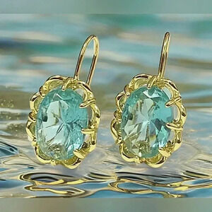 Blue Glass Aqua Gold Antique Oval Victorian Bohemian Gypsy Festival Earrings